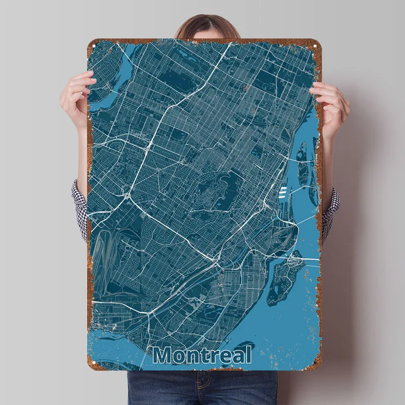 Retro Gaming Montreal - Mapa miasta Montreal, plakat, metalowe tabliczki,